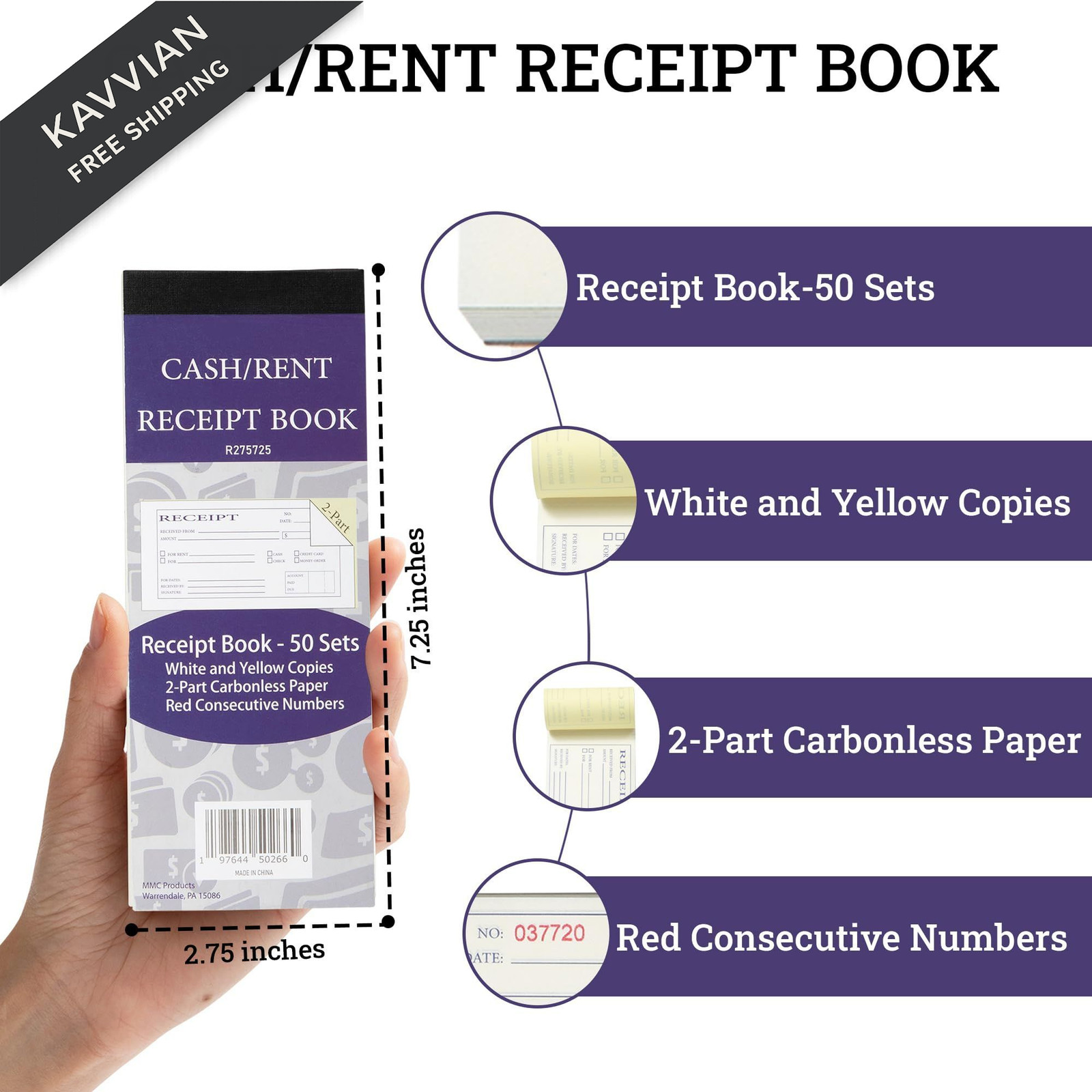 Cash and Rent Receipt Book – 50 Sets of Receipts – 2 Part Carbonless Paper -…
