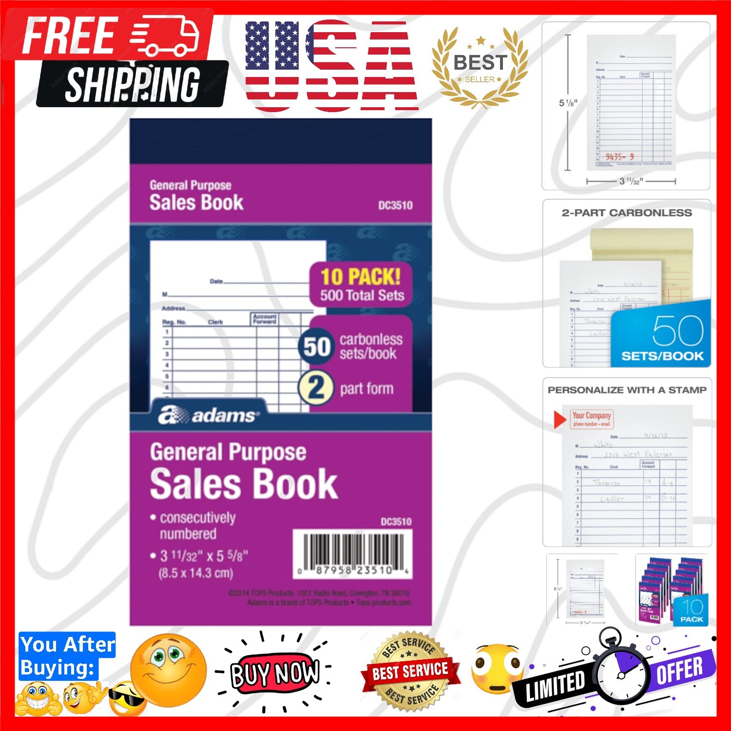 General Purpose Sales Book, 2-Part, Carbonless, White/Canary, 3-11/32 x 5-5/8…