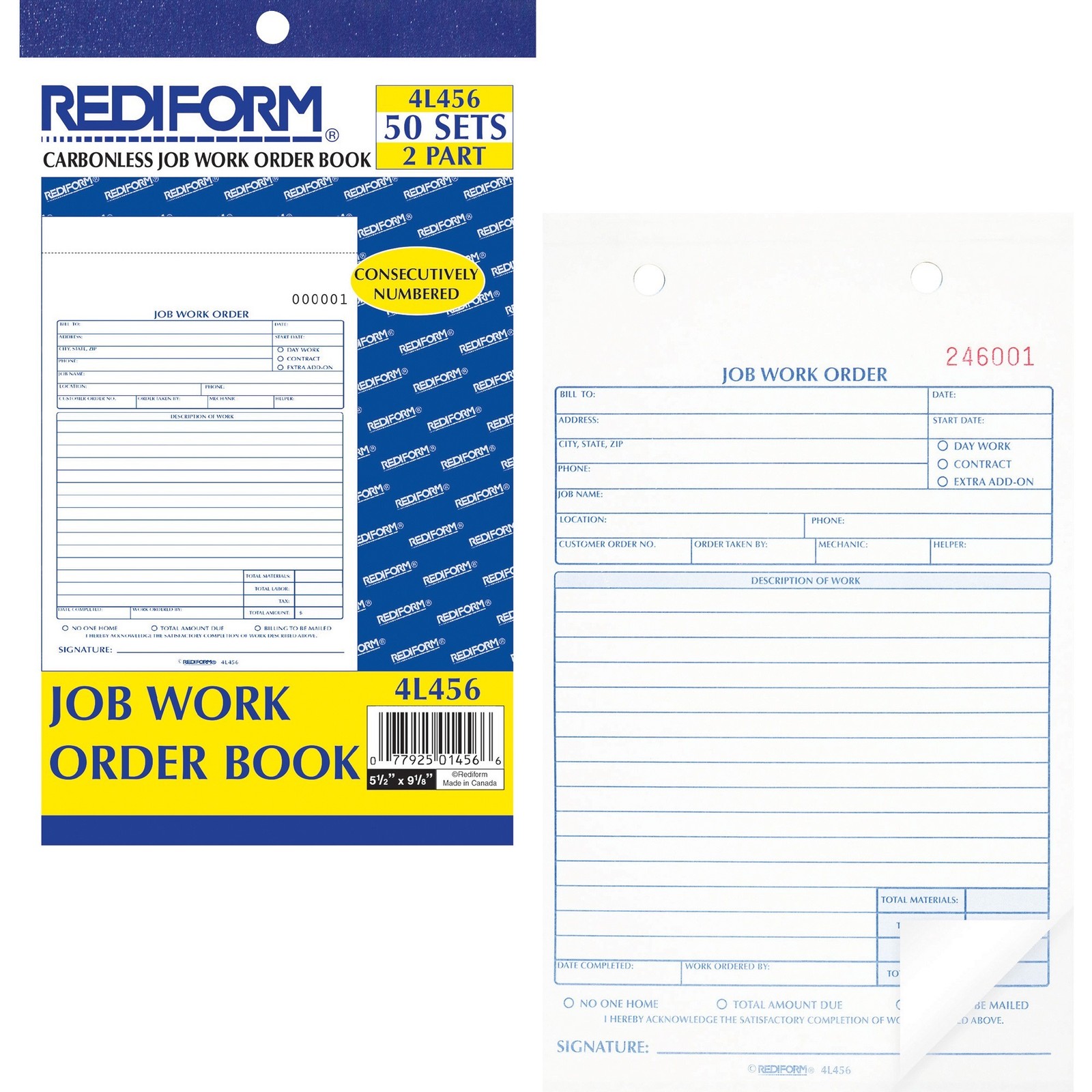Rediform 4L456 Job Work Order Book 50 Sheets 2-Part Carbonless