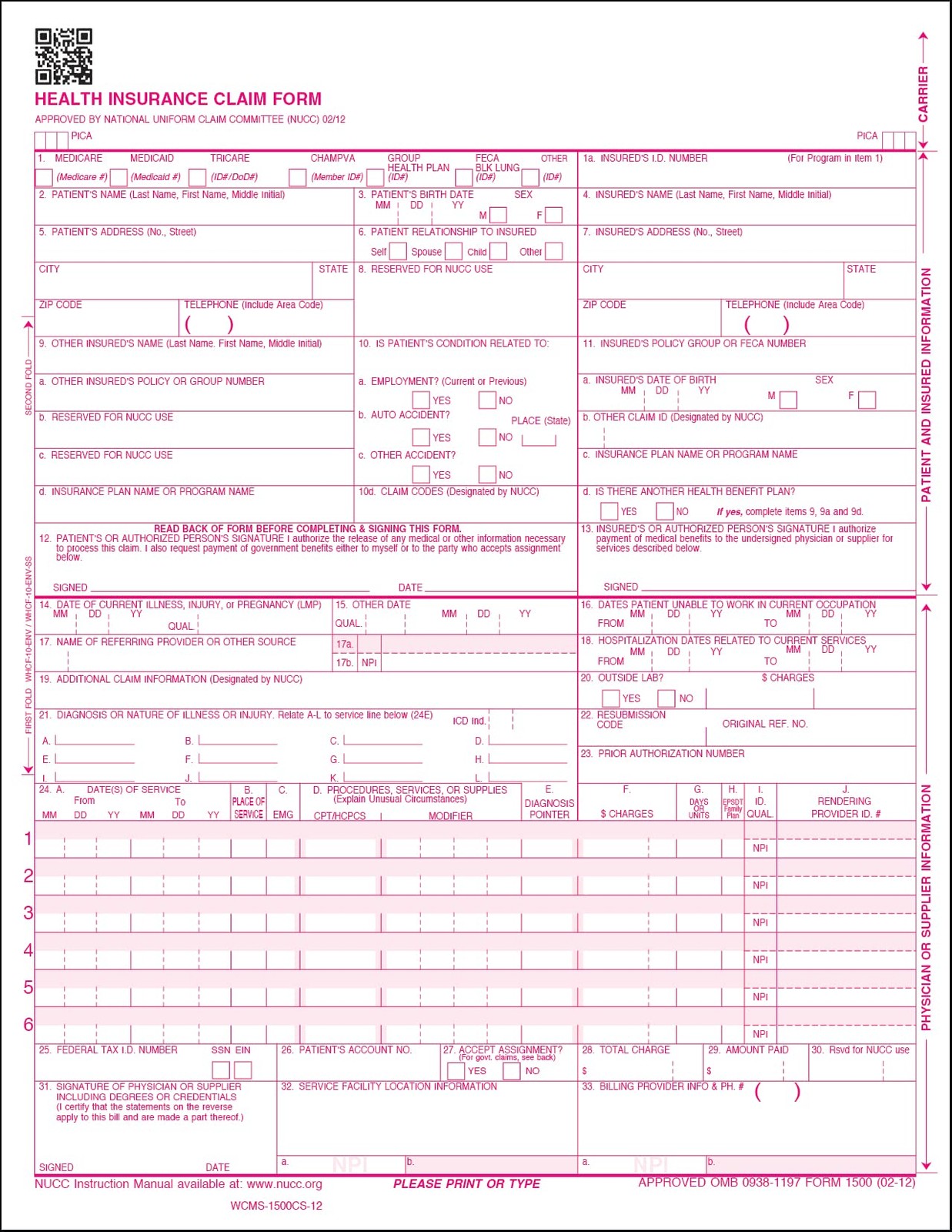 CMS 1500 Claim Forms – HCFA (Version 02/12) 2,500 8.5 x 11 inches, white