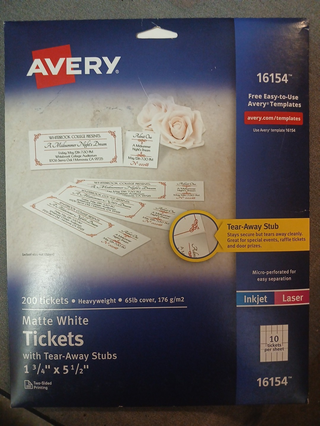AVERY 16154 MATTE PRINTABLE TICKETS TEAR AWAY STUBS 8.5 x 11 WHITE 200 TICKETS