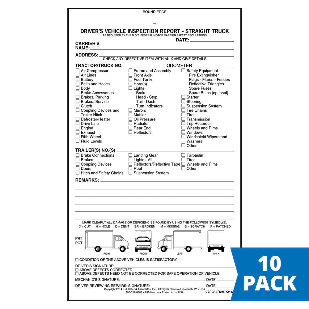 Straight Truck Detailed DVIR 10-pk., 2-Ply Carbonless, 5.5″ x 9.25″