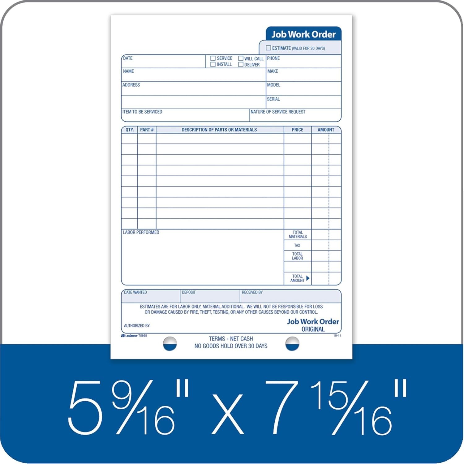Job Work Order Book 3-Part Carbonless 33 Sets 5-9/16 x 8-7/16 Inches