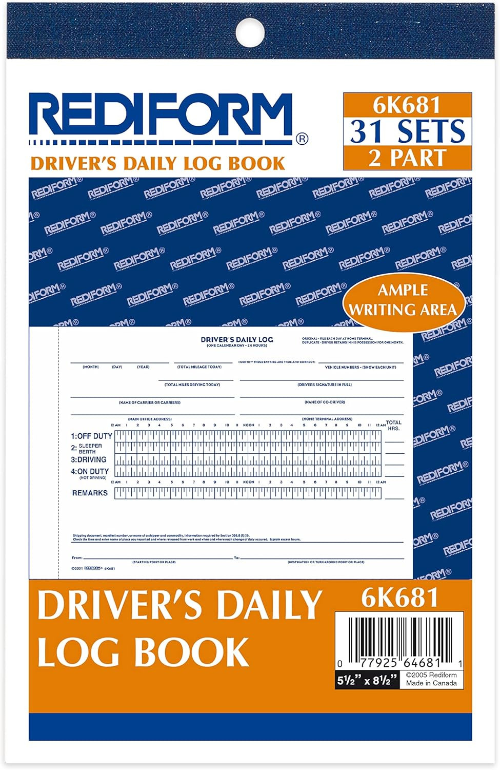 Driver’s Daily Log Book, Carbon, 2 Part, 5.5 x 7.875 Inches, 31 Forms (6K681)