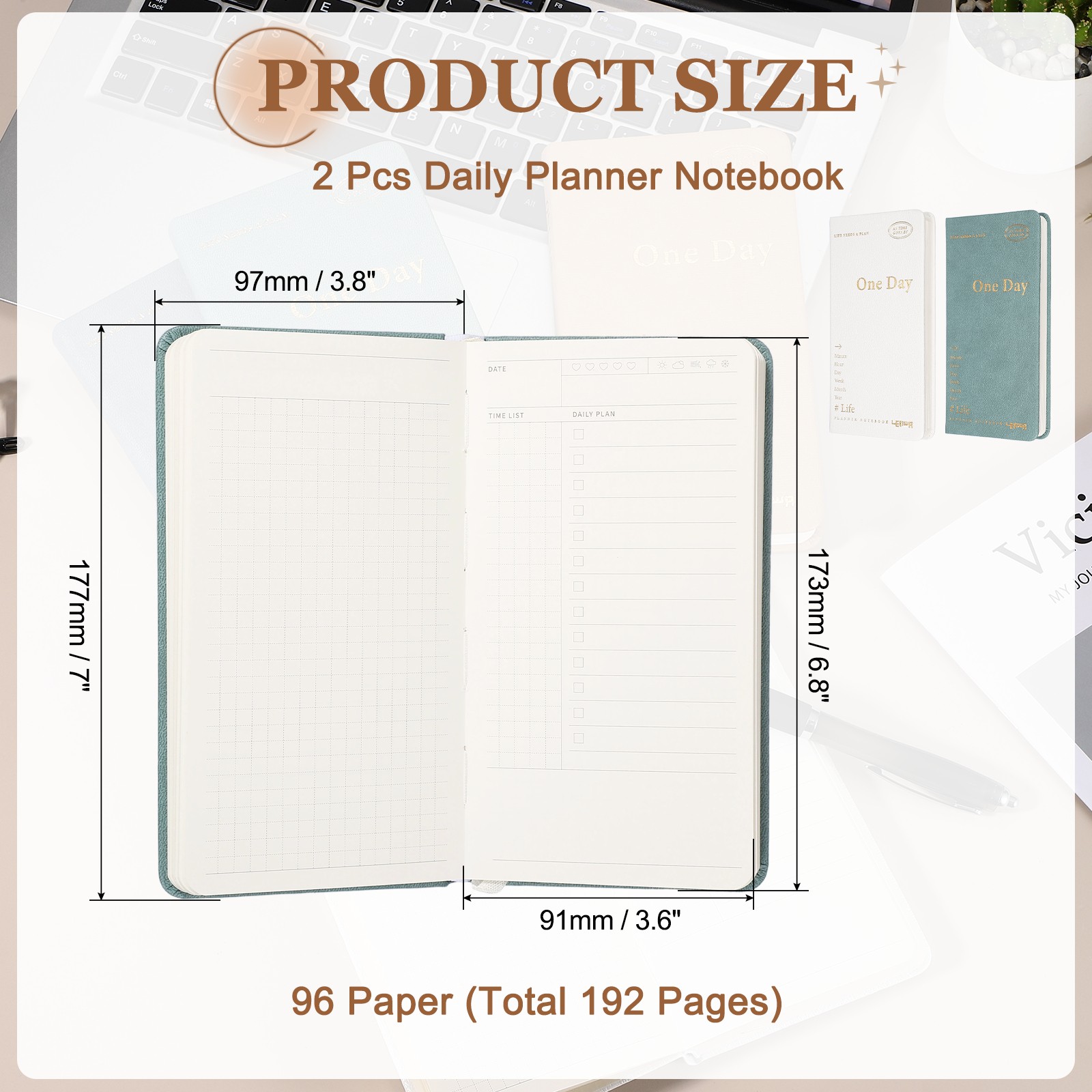 2Pcs Daily Planner Notebook, 7 x 3.8″ to Do Notebook, White, Green