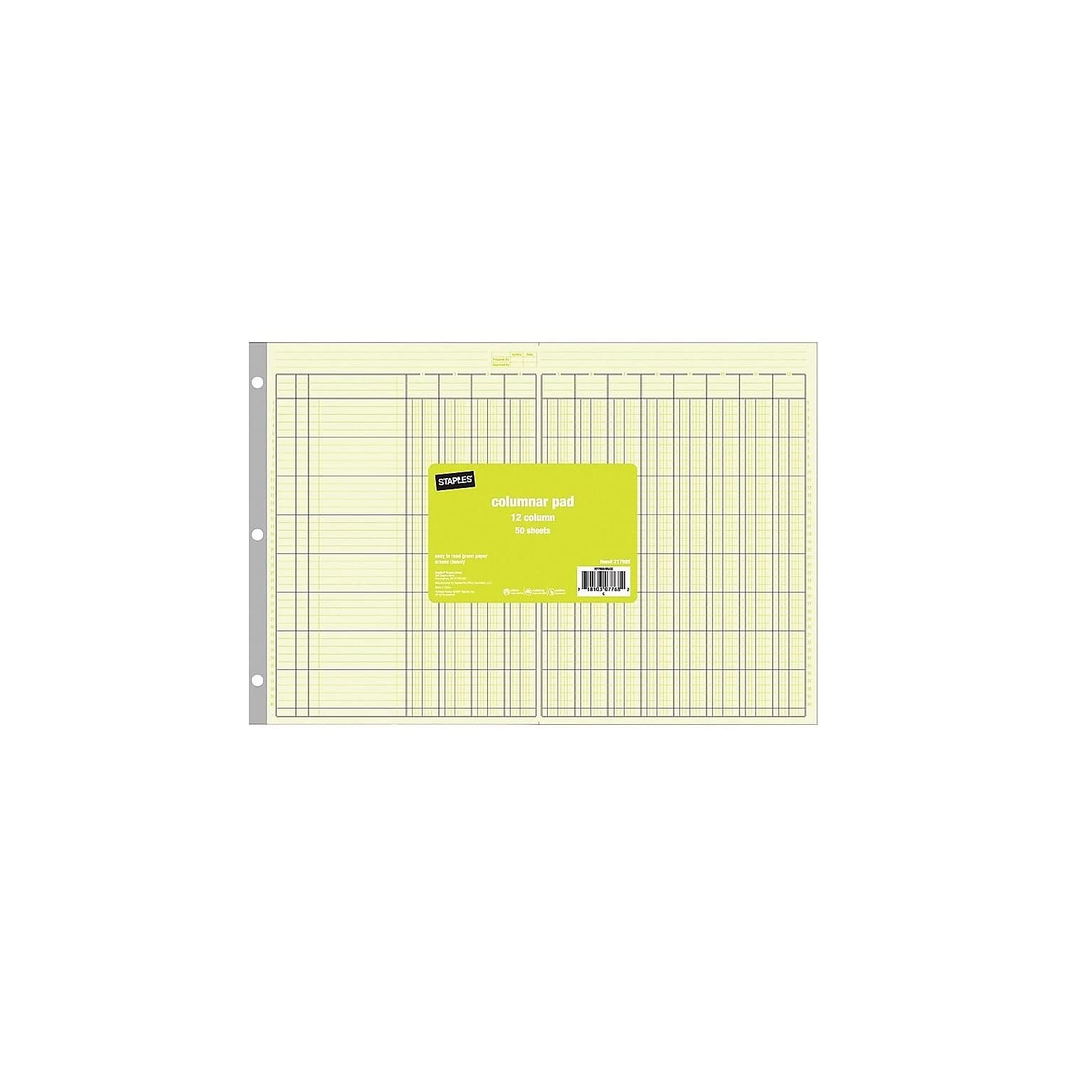 Staples Columnar Book, 12‑Column Accounting Ledger, Green Analysis Record Book,
