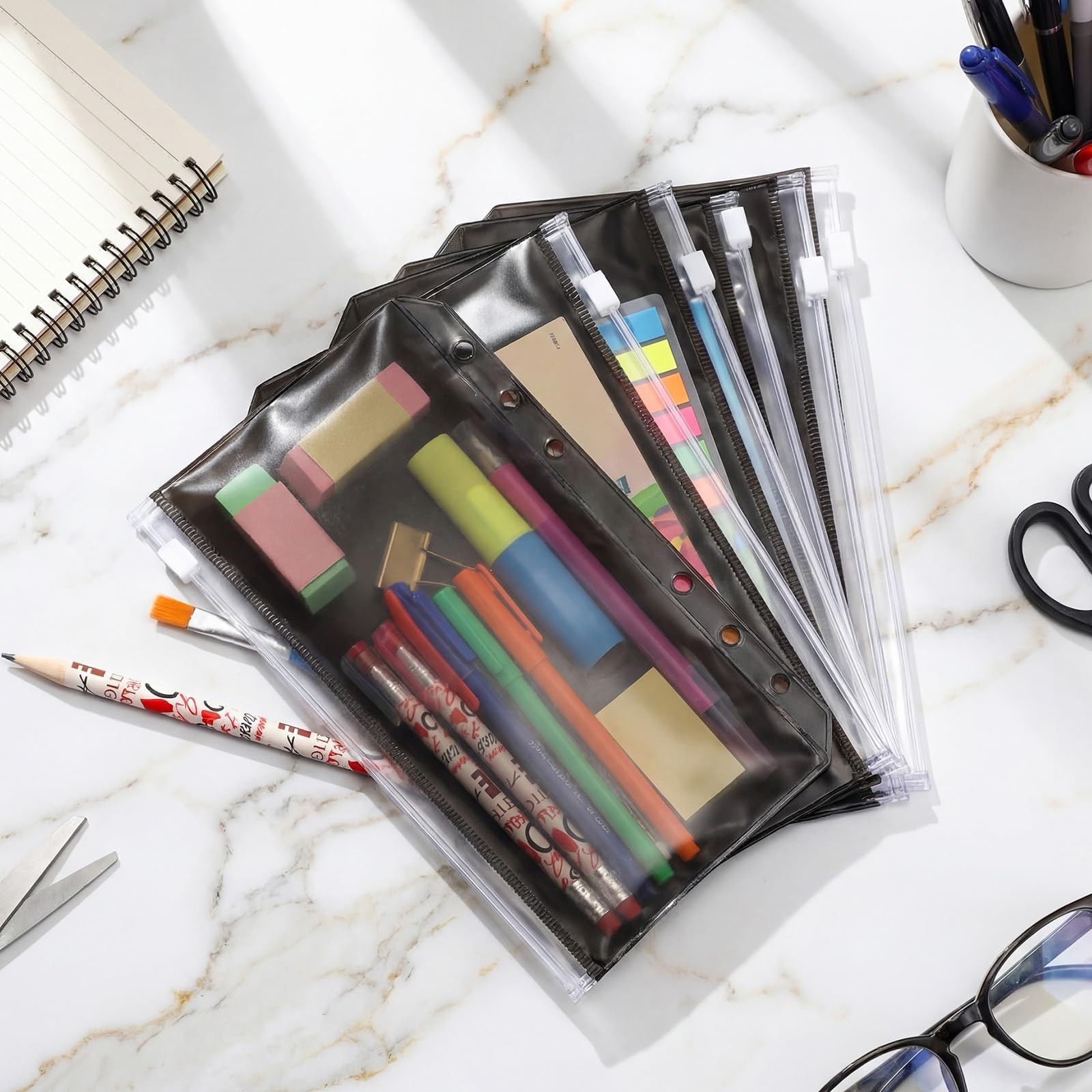 Leinuosen 50 Pcs A6 Binder Pockets 6 Hole Black Zip Envelope 6 Holes,