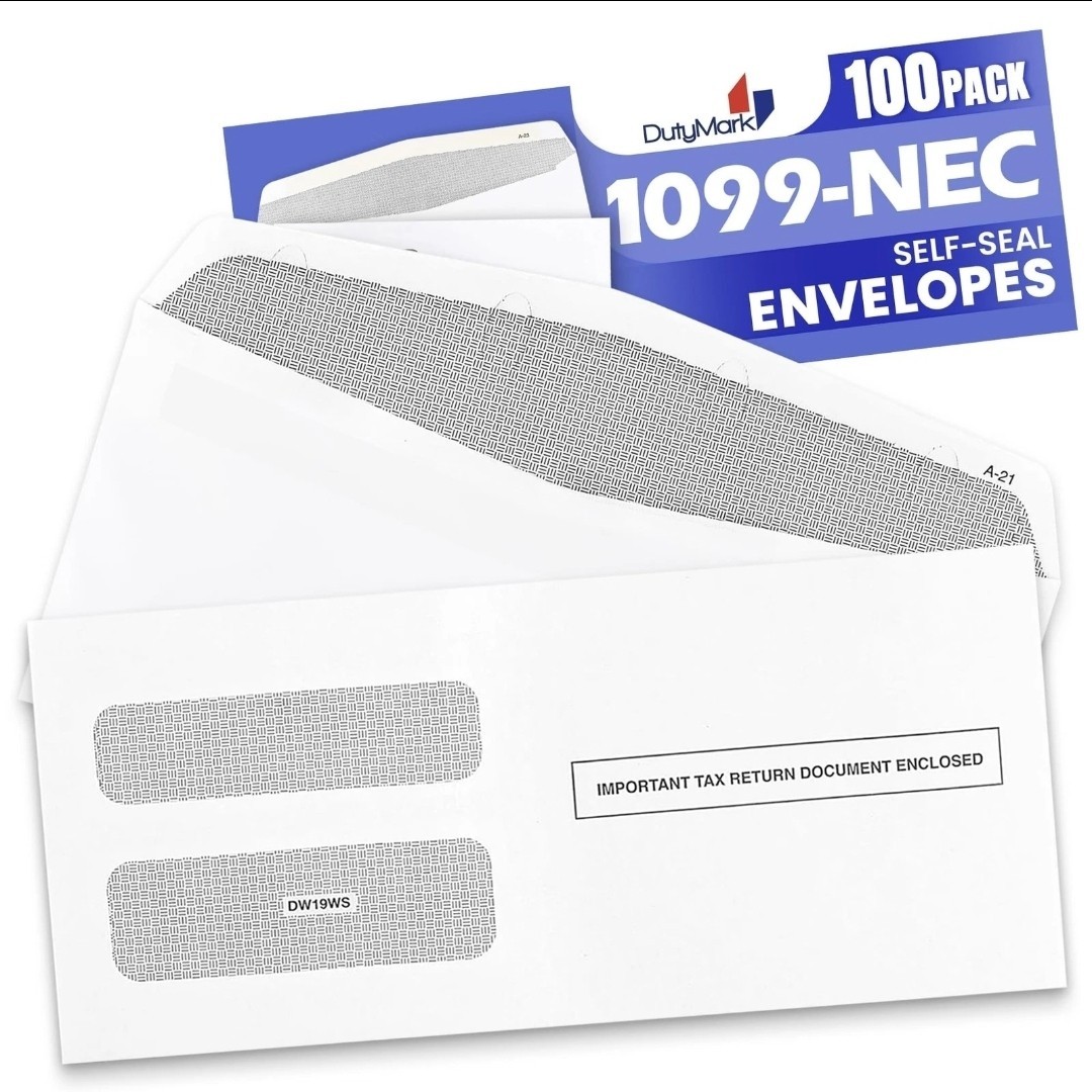 100 Printed 1099 NEC Tax Forms Self-Seal Envelopes, IRS compliance, paper white