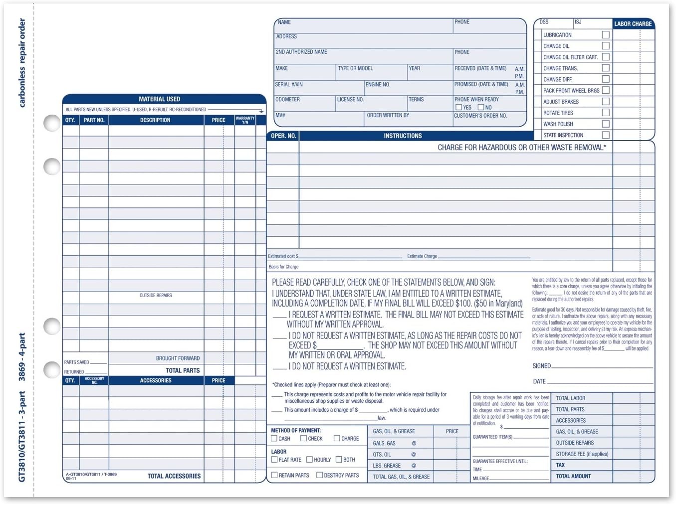 Adams Garage Repair Order Forms, 8.5 x 11 Inch, 3 Parts, 250-Count, White and