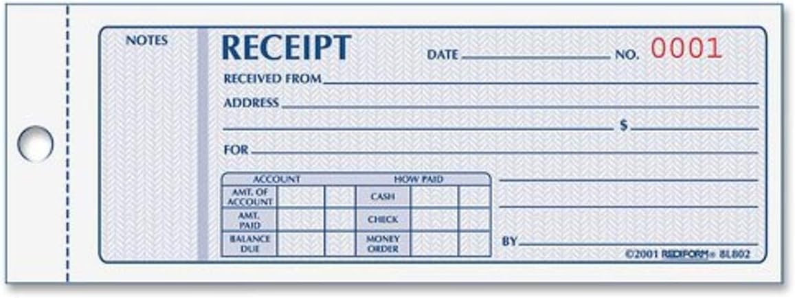 Rediform Money Receipt Book, 2.75 x 7.625 7 In X 2 3/4 In, White/Yellow