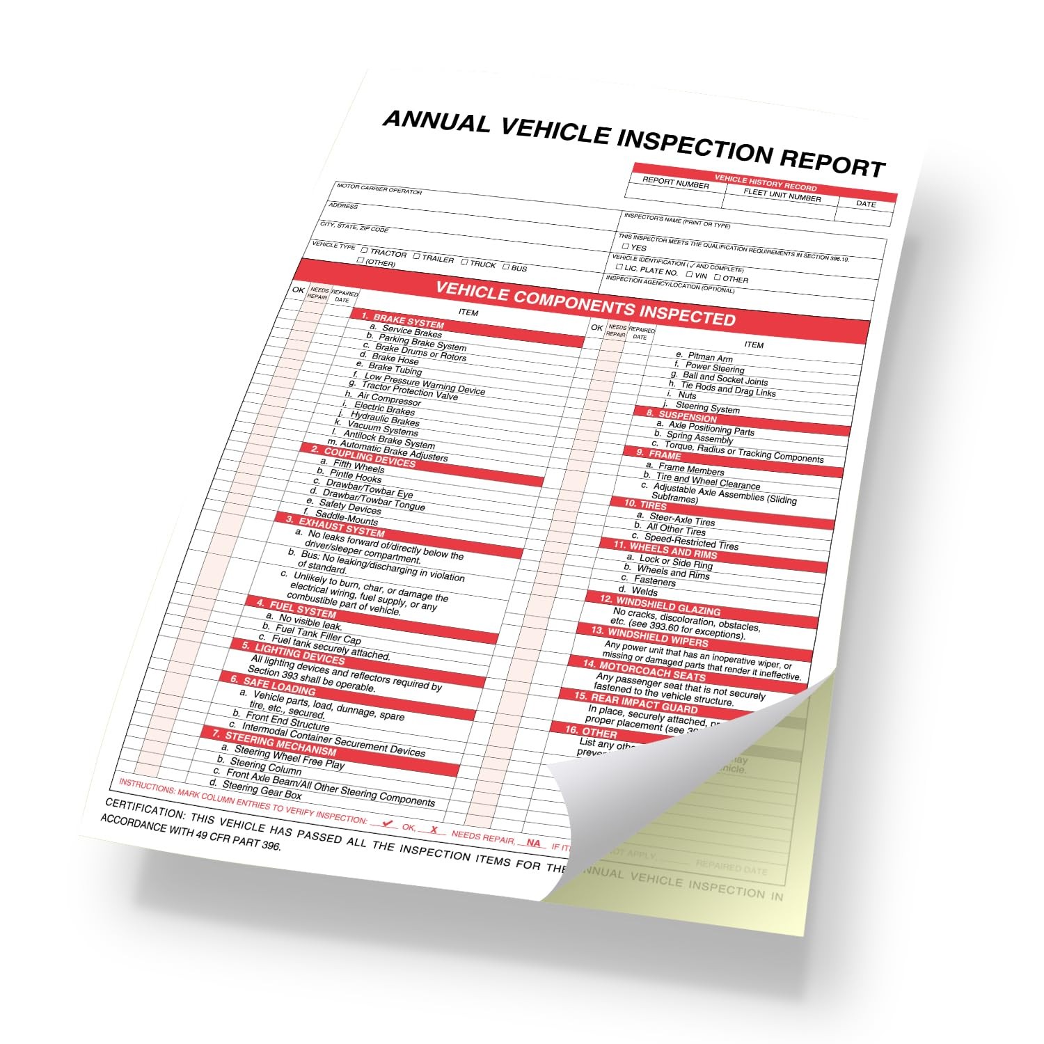 Annual Vehicle Inspection Report Form with Red Exterior Aluminum Inspection L…