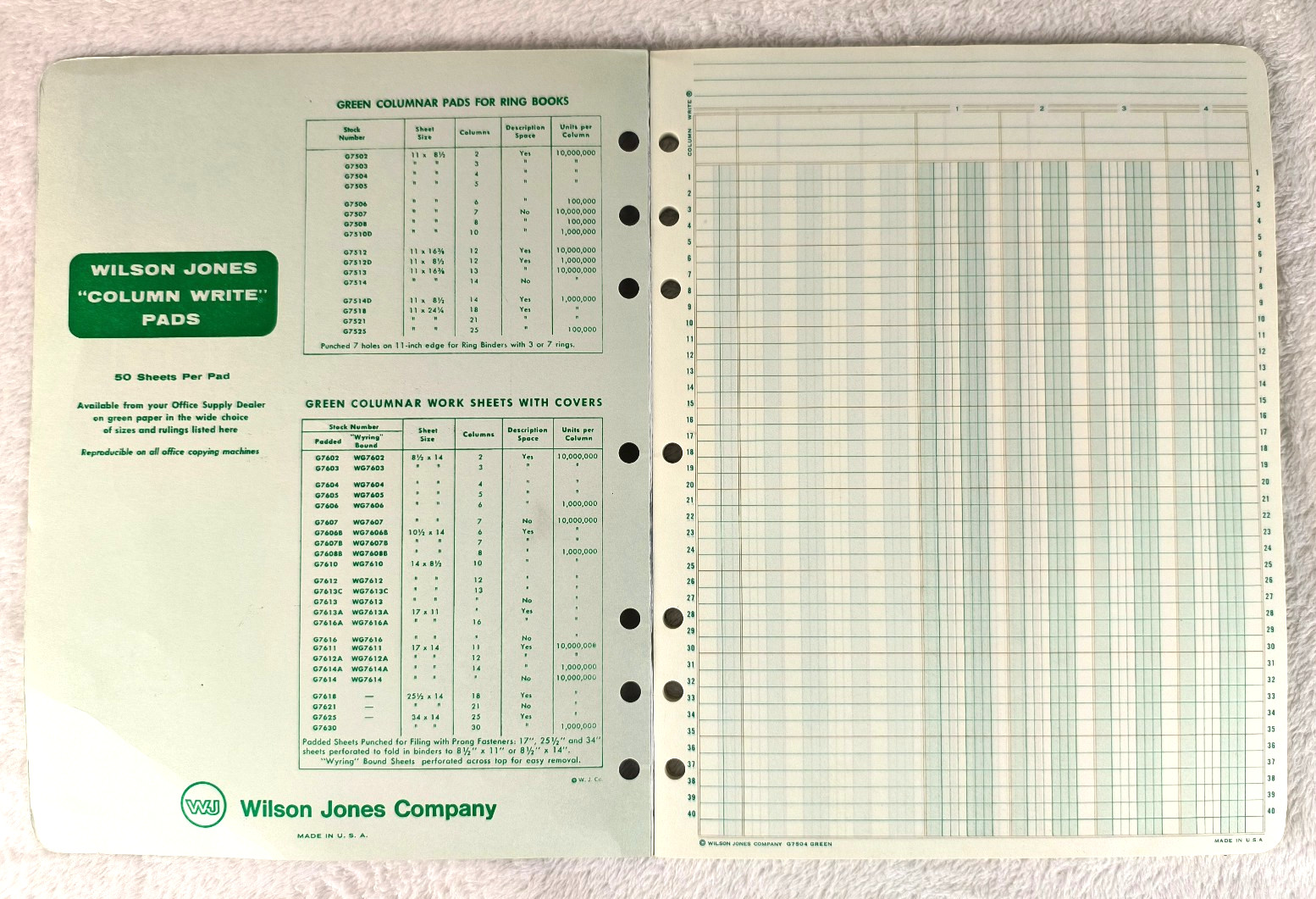 Wilson Jones Columnar Pad Green G 7504 4 Column Write Copyright 1968