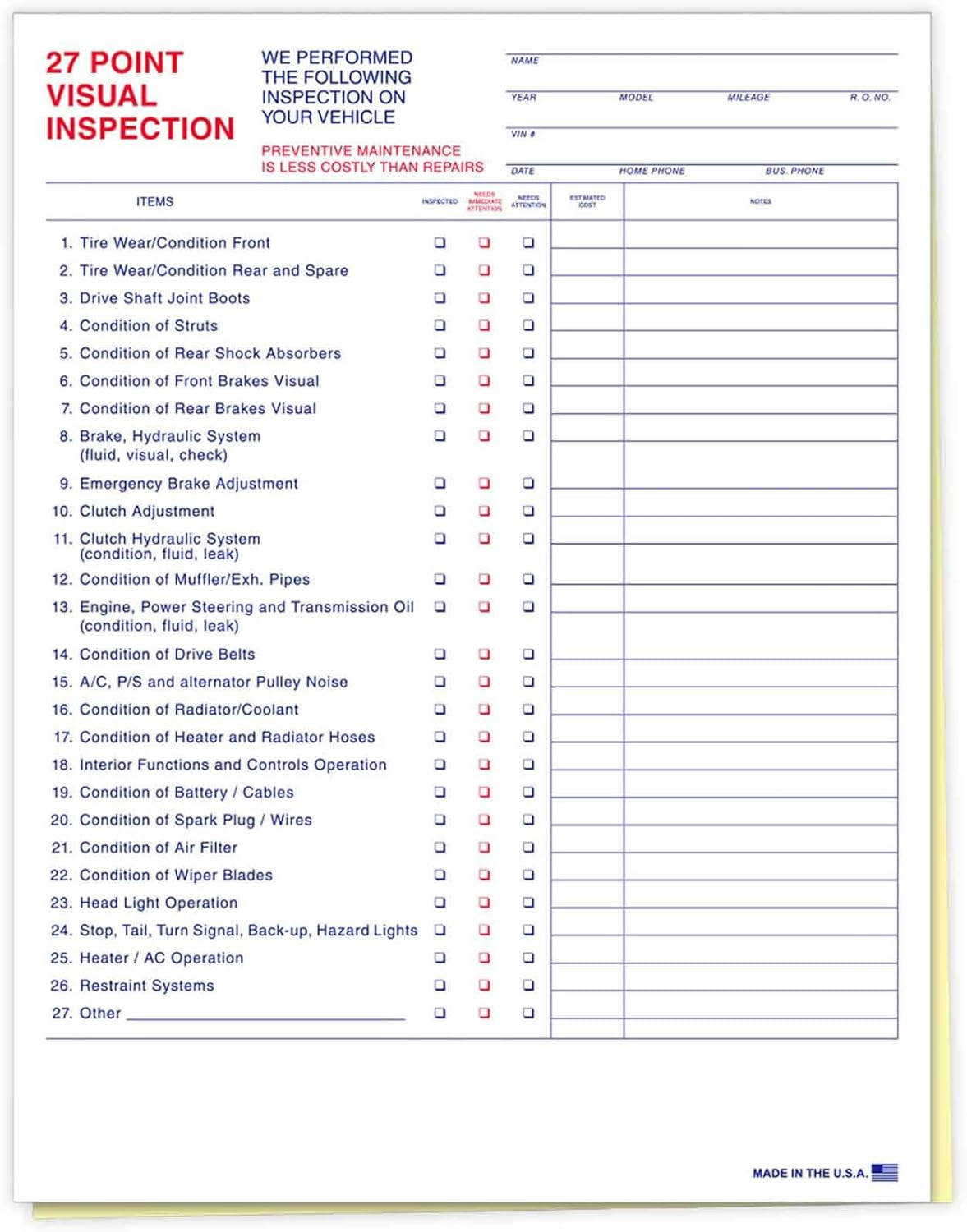 27 Point Inspection Sheet – Vehicle Inspection Form – 100 Pack