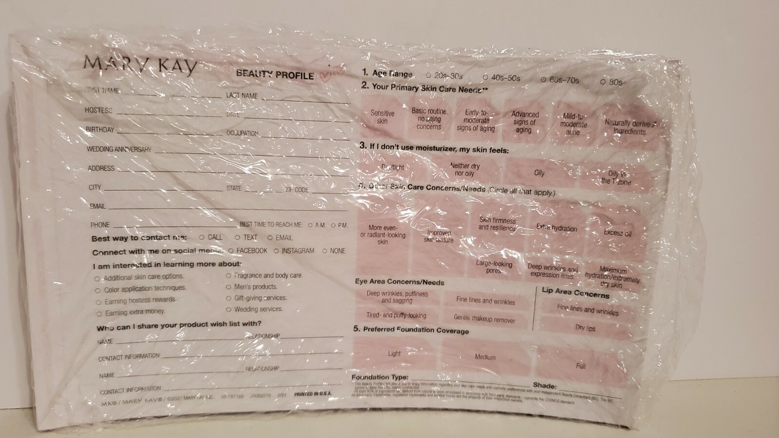 Mary Kay Beauty Profile Sheets SEALED Year 2021