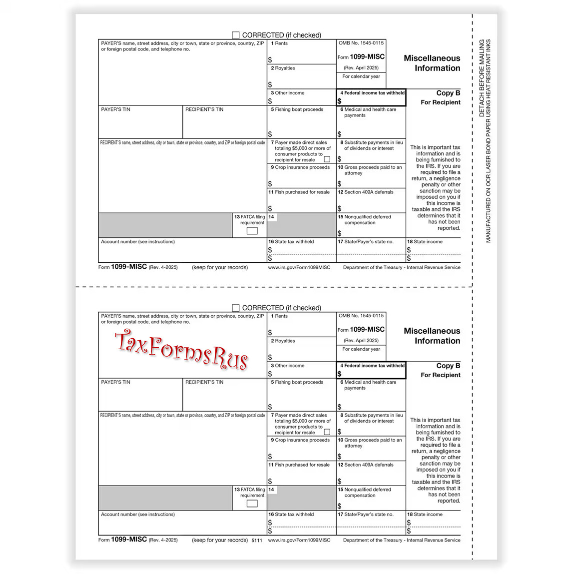 2025 IRS Tax Form 1099-MISC Laser 4 recipients + (1)1096 #TF6103 4-pt — NO Env