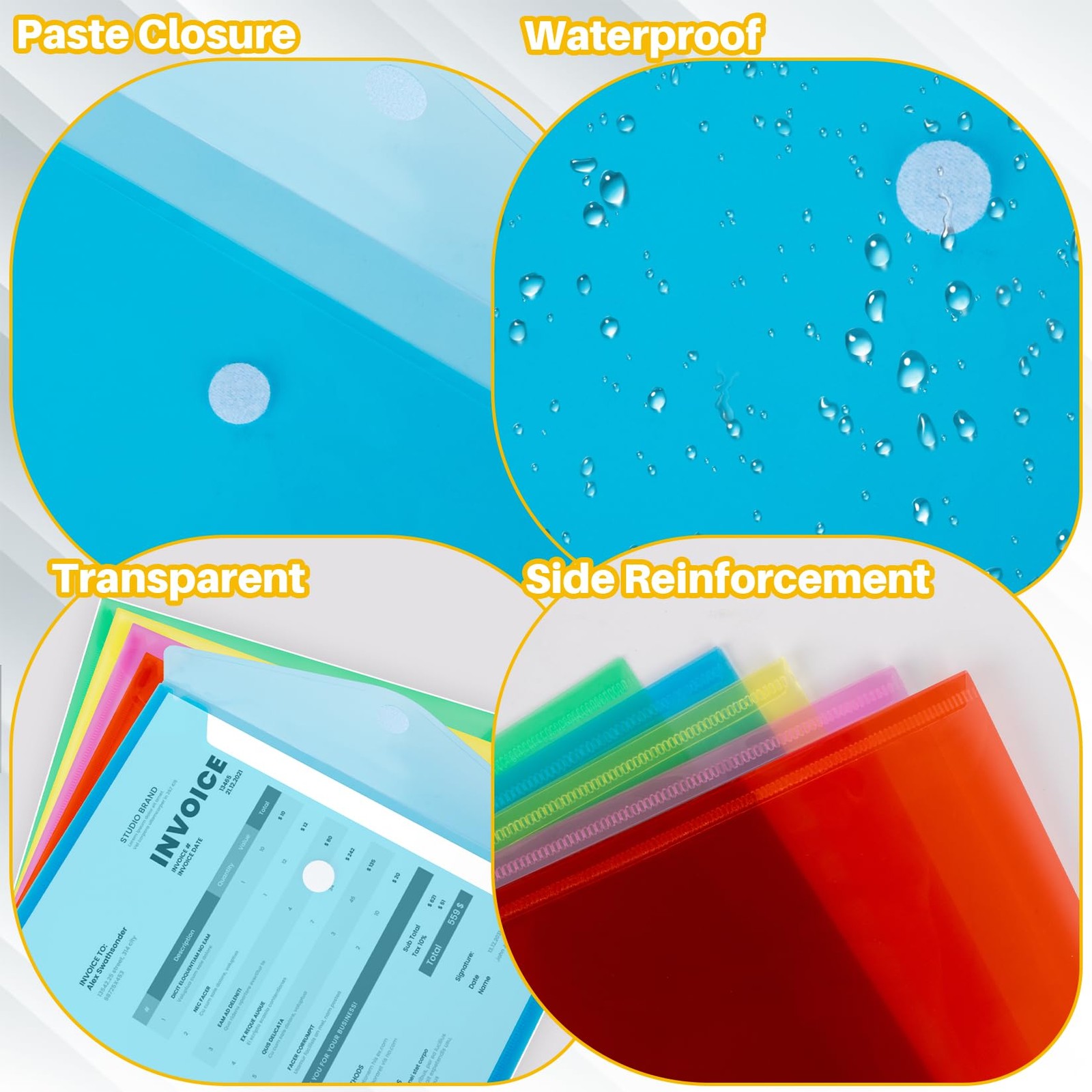 MAQIHAN Clear Plastic Envelopes – 5 Pack Poly Blue, Green, Red, Pink, Yellow