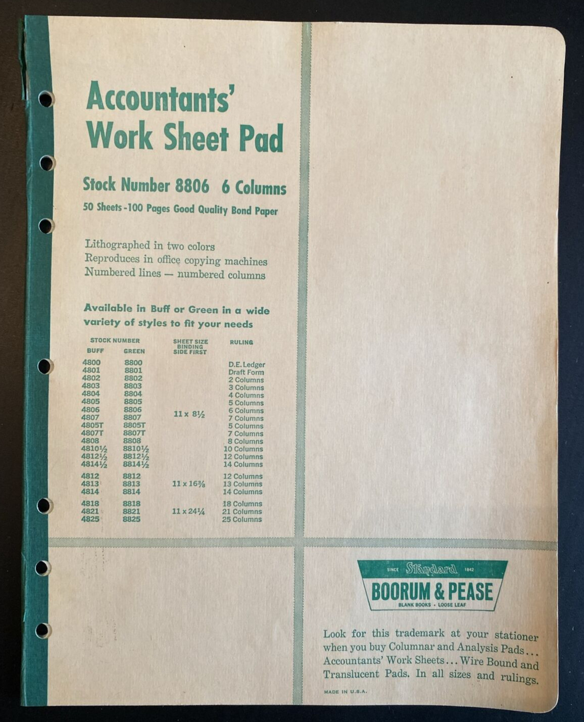 Vtg Boorum & Pease Columnar Acctg Pad 6 Column 8806 46 Unused, Blank Green Pgs