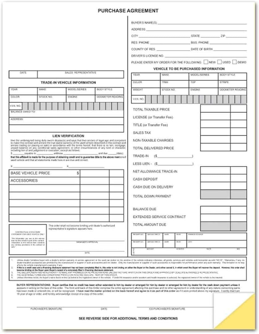 Vehicle Purchase Agreement Forms (2-Part) (100 per Pack)