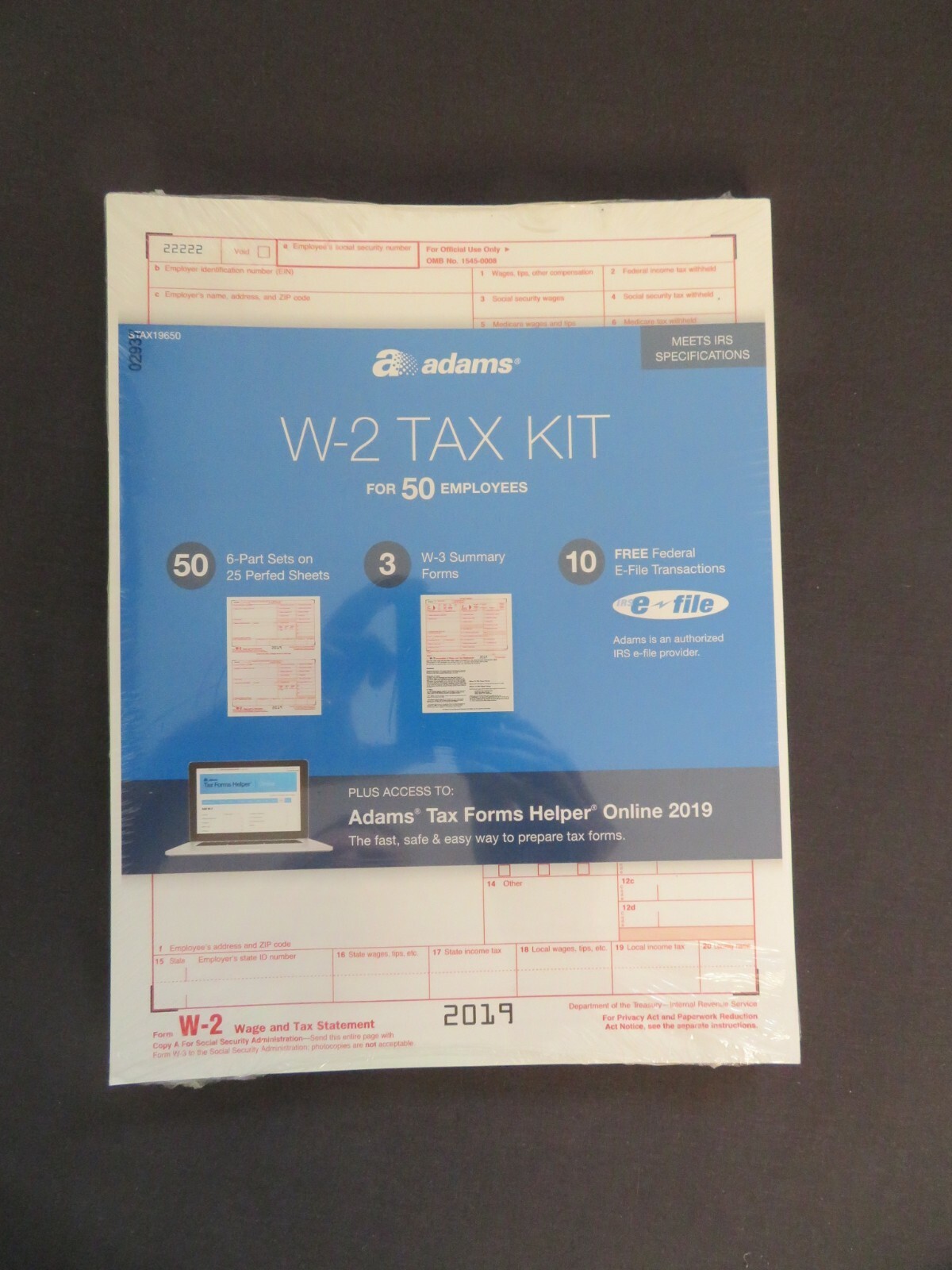2019 Adams W-2 Tax Kit 50 6-Part Sets, 3 W-3 Summary Forms, 10 Free Fed e-File