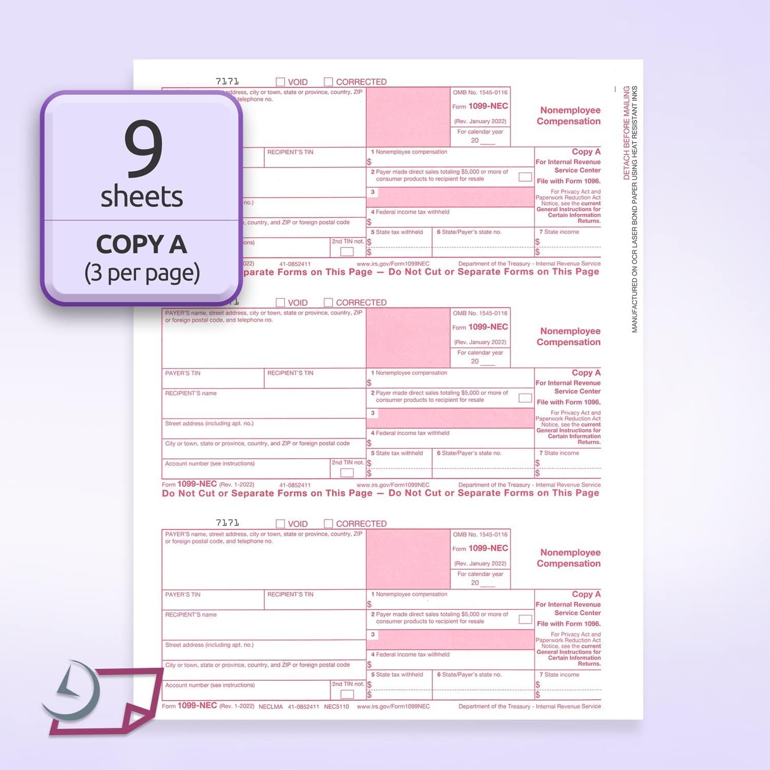 1099 NEC Forms 2025 for 25 Recipients 4 Part Laser Tax Forms Kit, 3 1096 Forms,