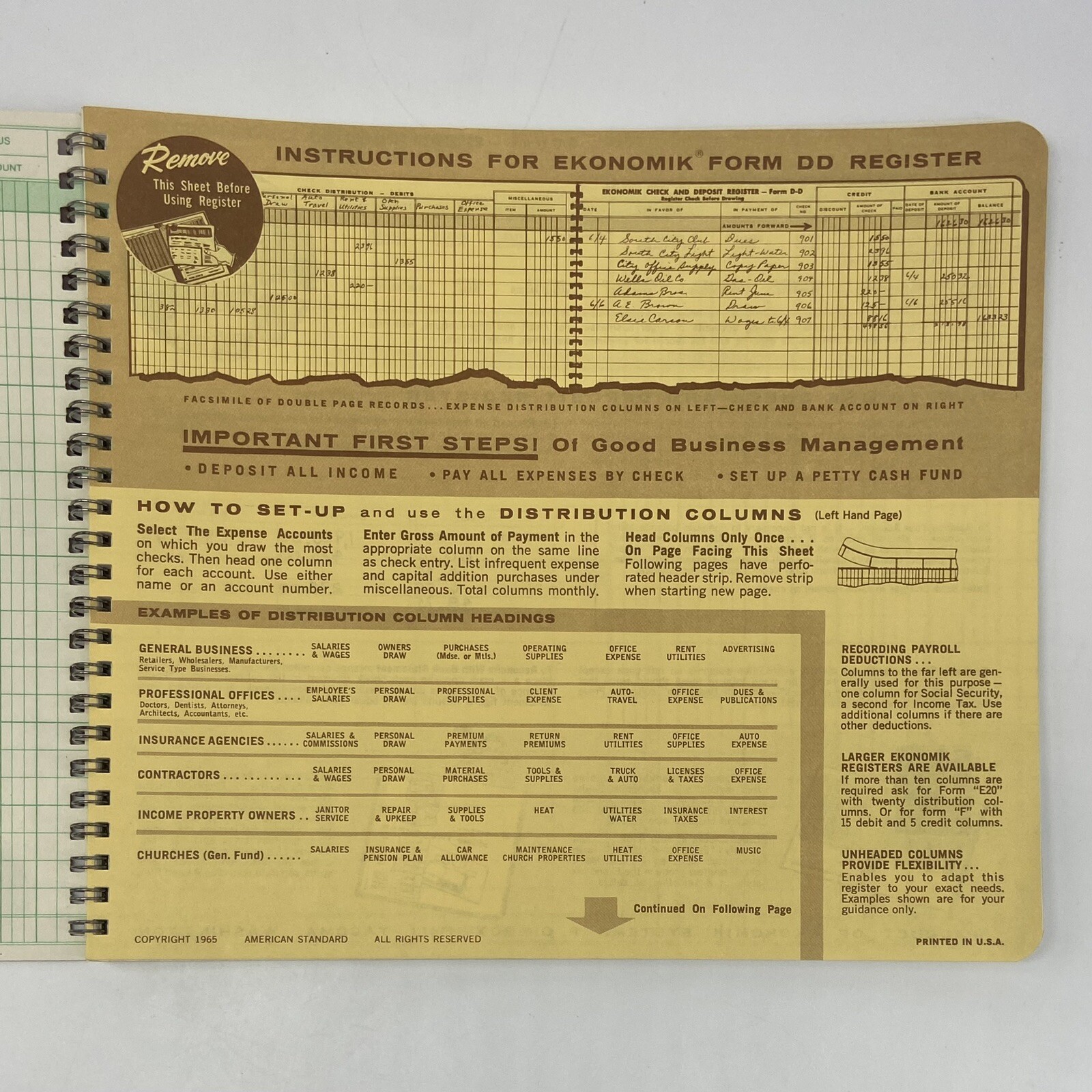 Vintage Ekonomik Wirebound Form DD Check Register 1965 Printed In USA