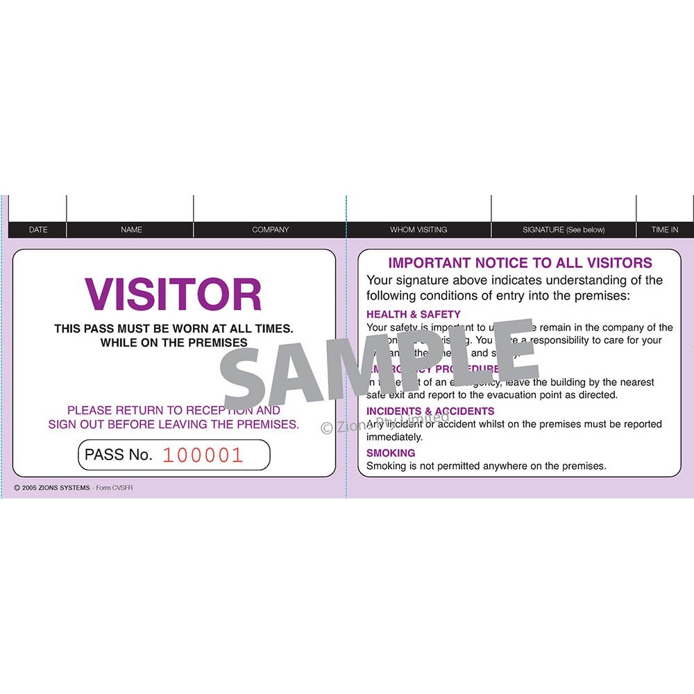 Zions Systems Corporate Security And Fire Visitor Pass 250 Slips Premium Quality