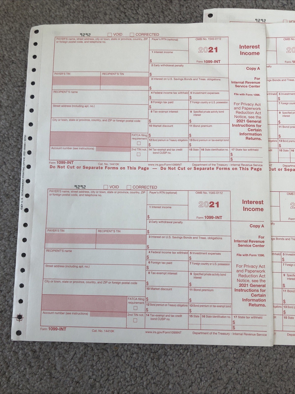 5-pack 2021 IRS Tax Form 1099-INT single sheet set 10 recipients NON-carbonless