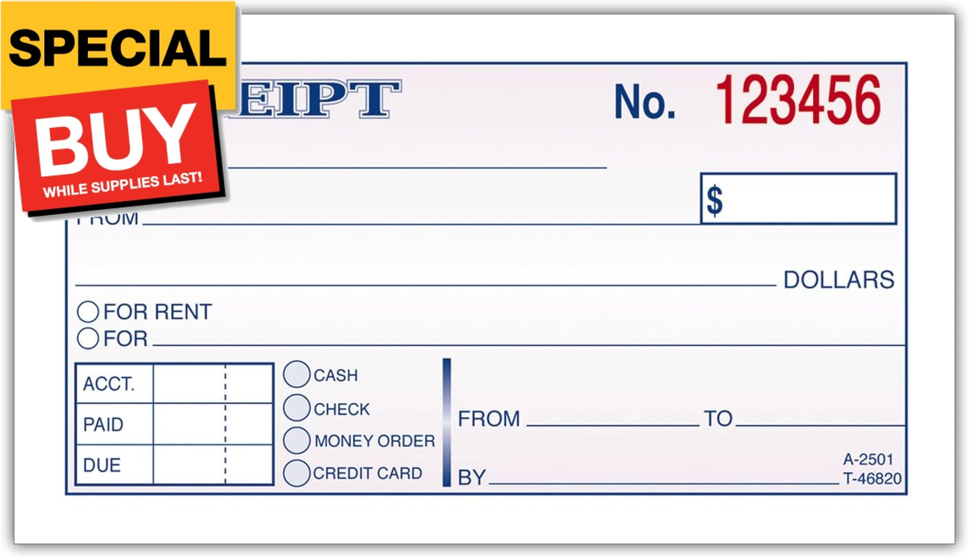 Money and Rent Receipt, 2-3/4 x 5-3/8 Inches, 2-Parts, Carbonless, White/Canary,