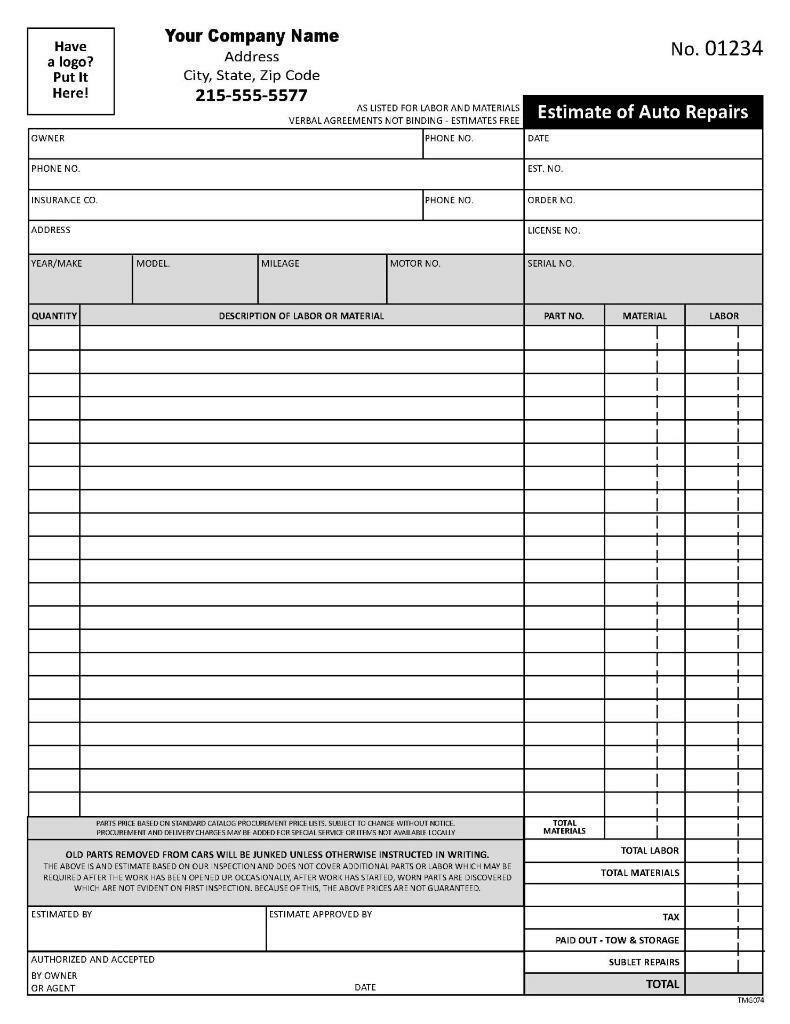 1000 Automotive Estimate Forms / 2 Part Carbonless / TMG074