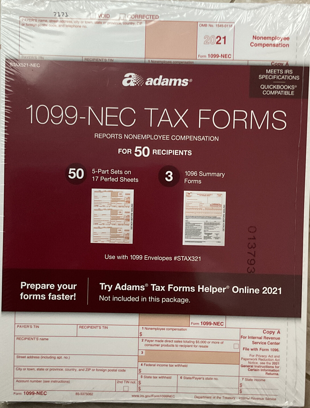 2021 Adams 1099-NEC Tax FORMS , Reports Noneemployee Compensation Stax521-NEC