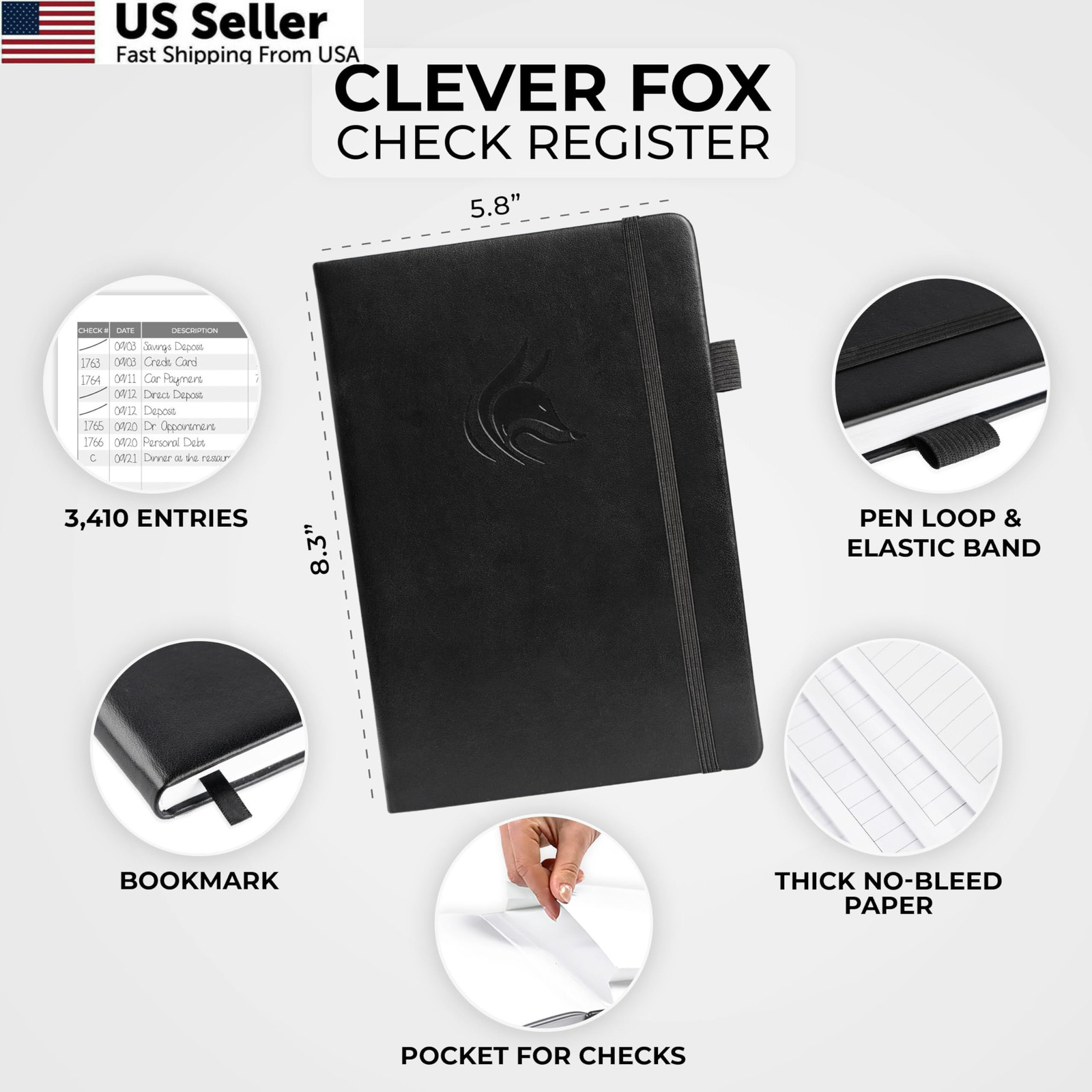 Clever Fox Check Register Book – Deluxe Transaction A5 (5.8” x 8.3”), Black