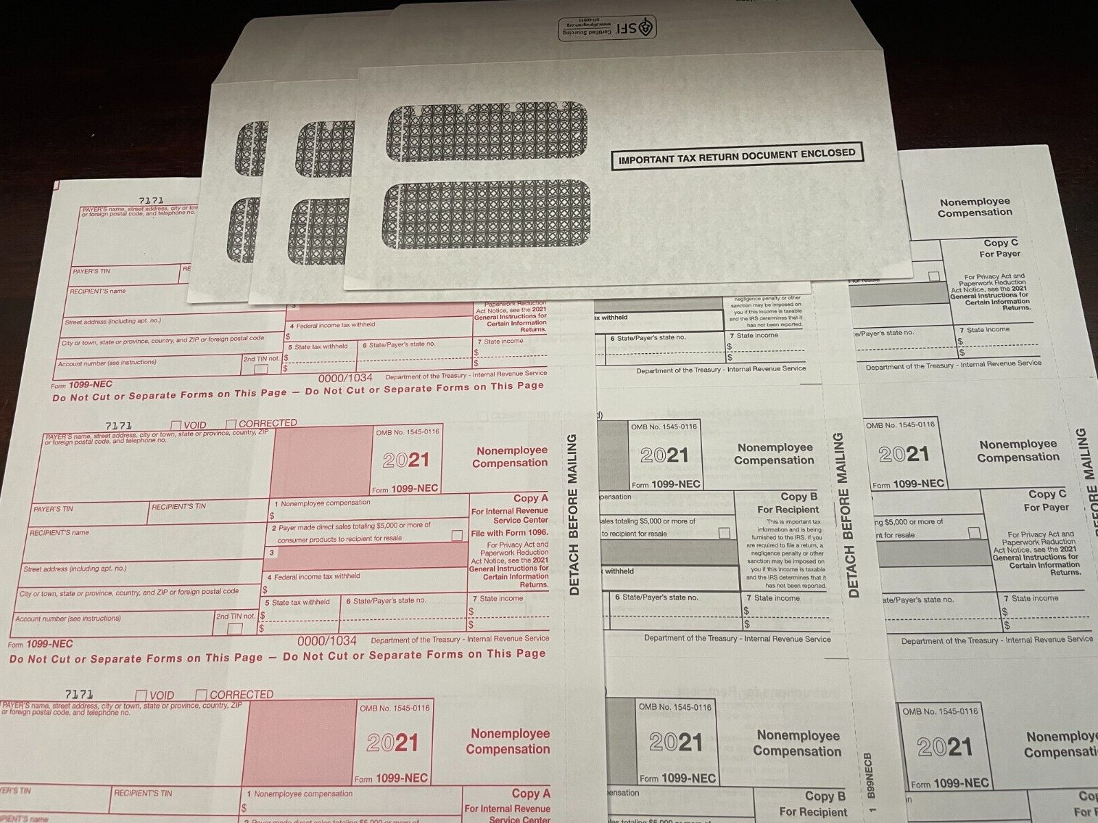 2021 1099 NEC – (1) For 3 Recipients – 3-Part Set with env – Laser
