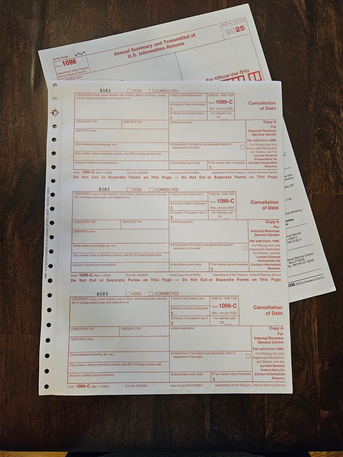 2025 IRS Tax Form Reporting Package- Nine -1099-C, 1 Form 1096 No envelopes