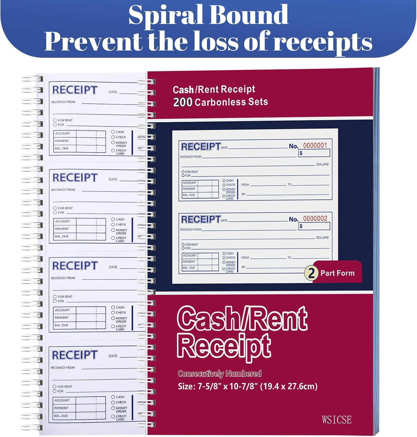 6 Pack Receipt Books with Carbon Copies, Rent Receipt Book, 2-Part Carbonless, 7