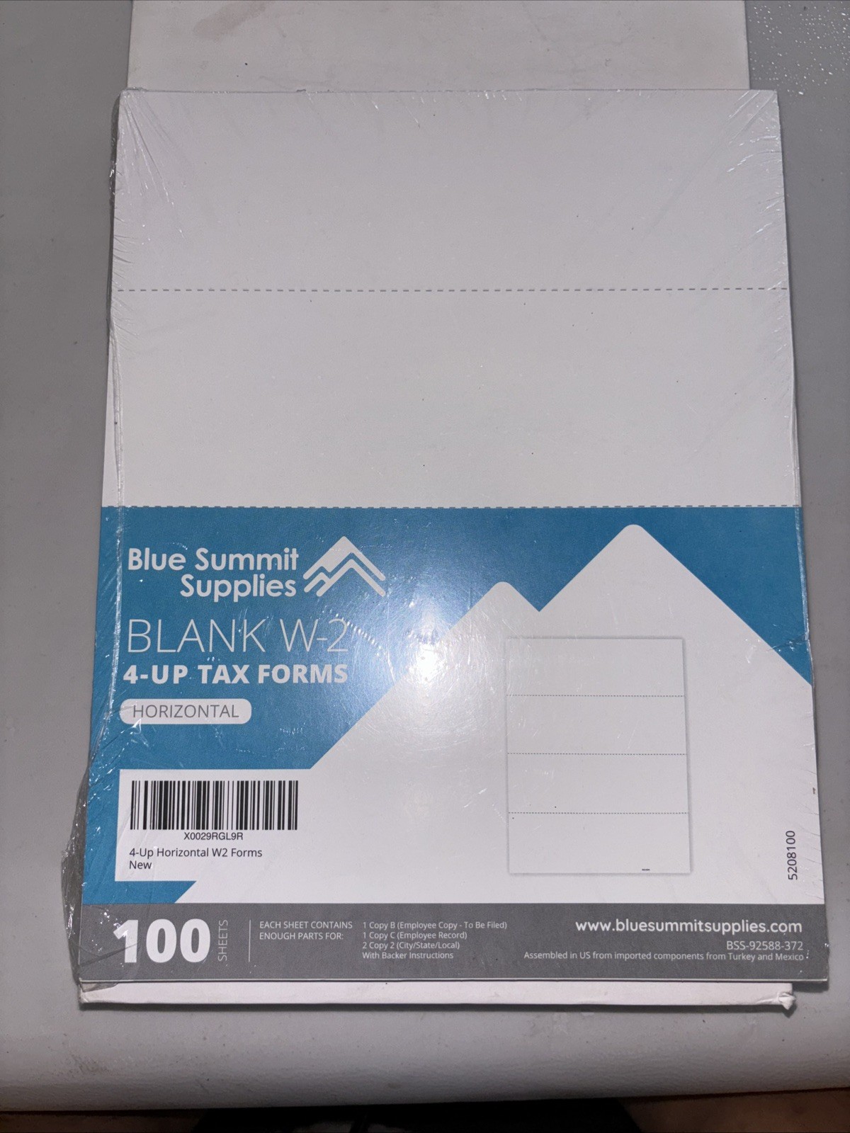 Blue Summit Supplies Blank W-2 4-UP Tax Forms 100 Pack Box Format New