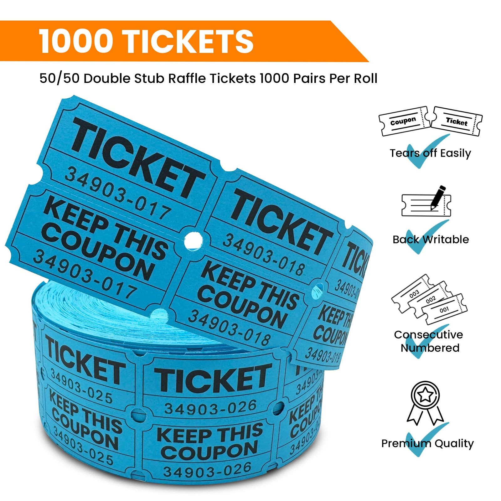 PM Company 2000 Pcs (1000 Pairs) Raffle Tickets Double Roll, 2″x2″, Blue