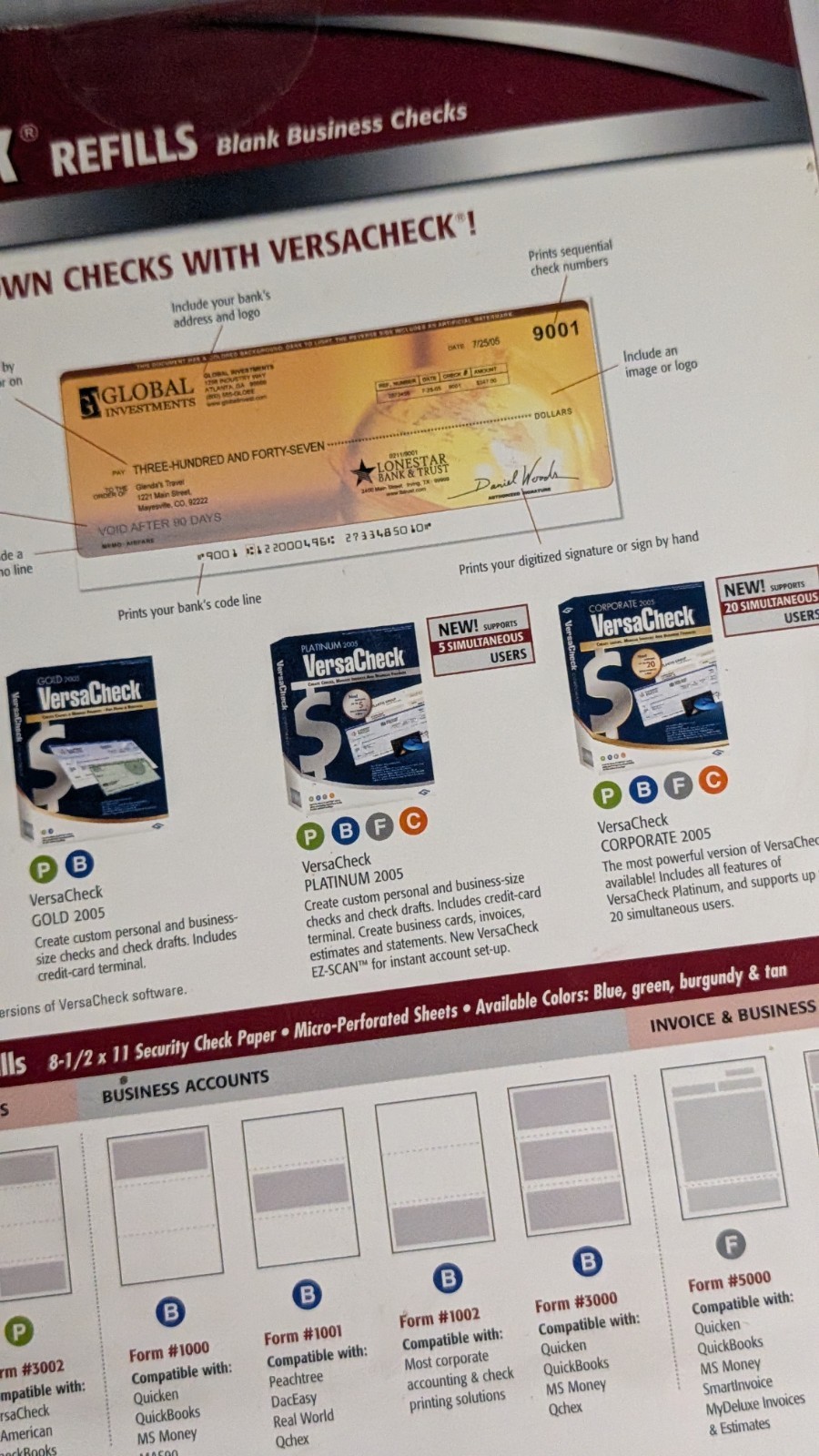 VersaCheck Blank Business Checks Refills Form 3000 Prestige 750 Checks 250 Sheet