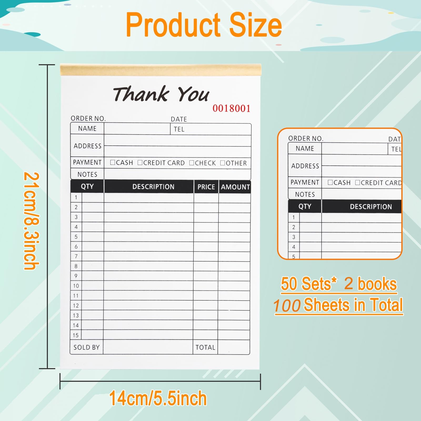 Carbonless Sales Invoice Book, 2-Part Order Forms for Small Business, 50 Sets