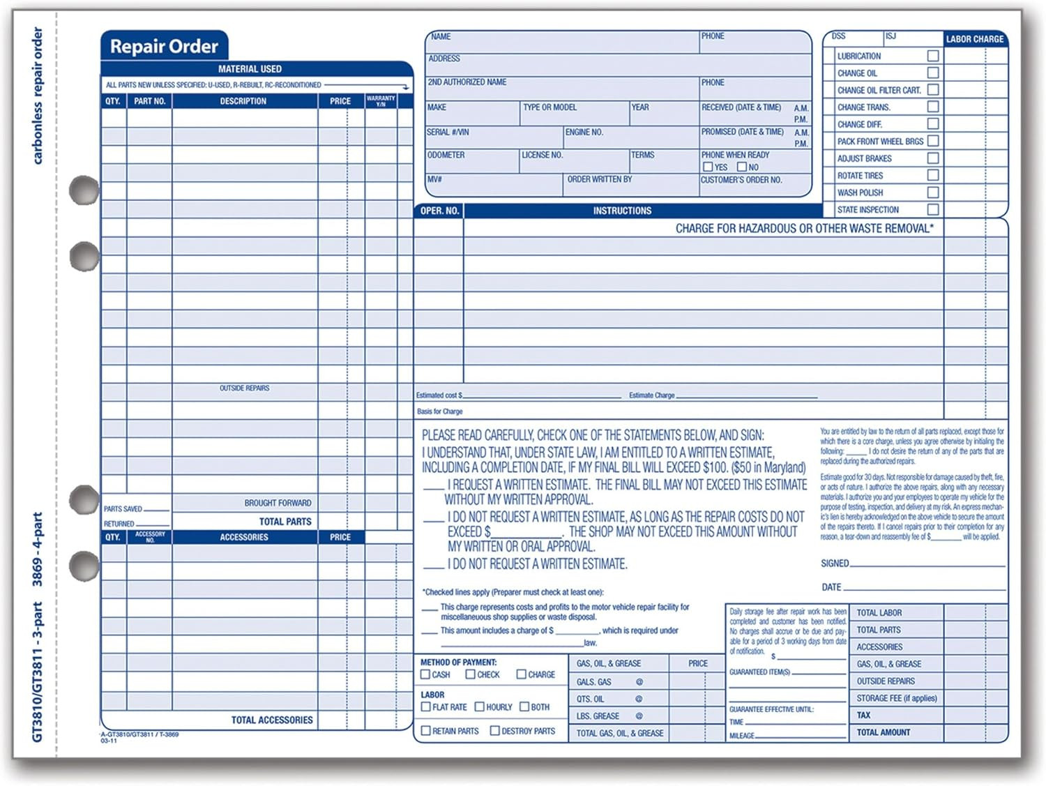 Adams 3810 Auto Repair Order Forms 50 Sets Carbonless 8.5 x 11 Inch