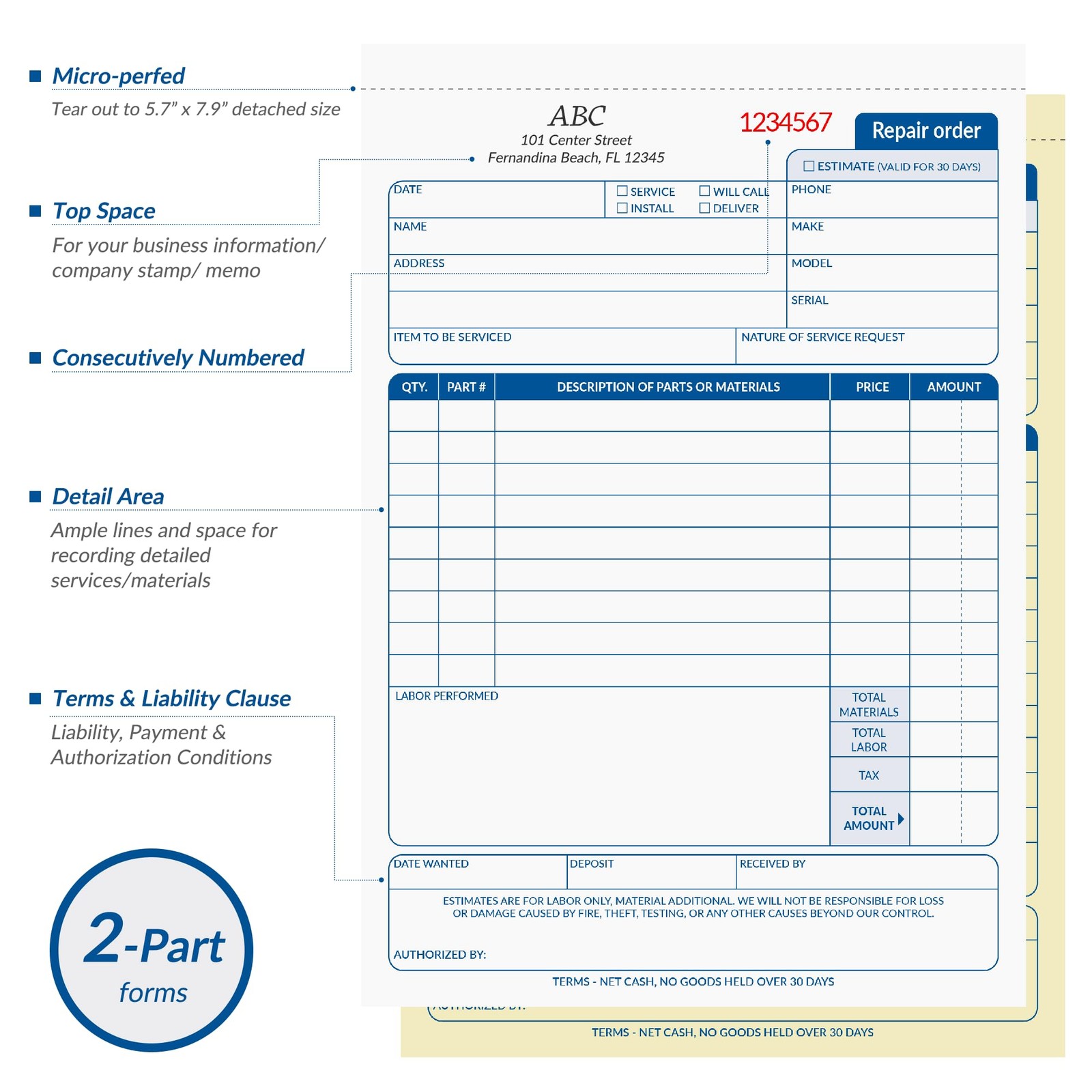 Repair Order Book, 2 Part Carbonless Job Work Order Forms – White/Yellow, 5-7…