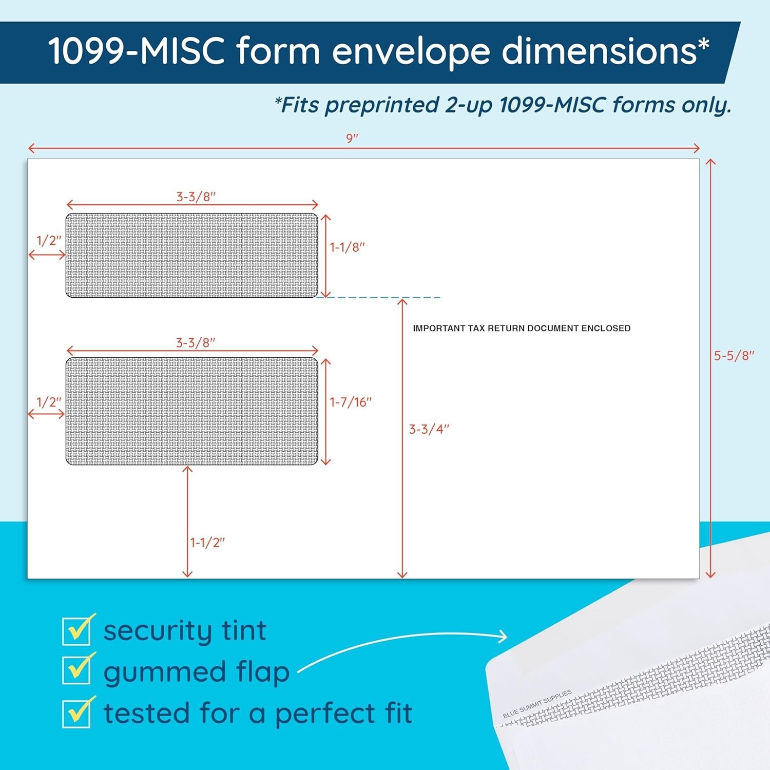 500 pc 1099 MISC Tax Envelopes for QuickBooks Laser Forms 5 5/8 x 9 Gummed Flap