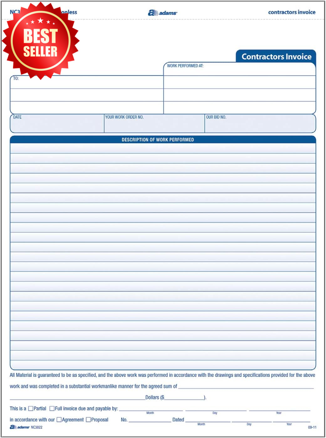 100pk Contractor Invoice Forms 3-Part Carbonless 8.5×11.44″ White/Canary/Pink US