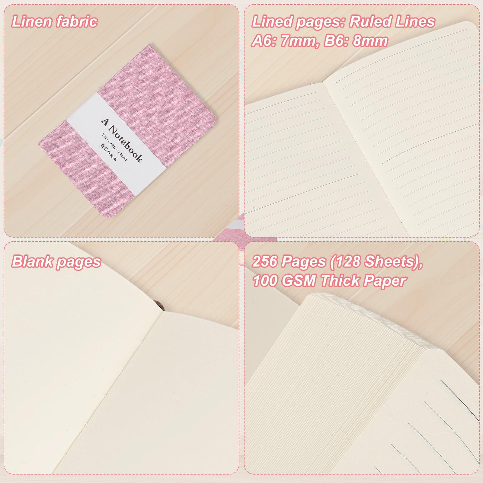 Linen Journal Notebook, 256 Pages 100 Gsm A6（3.9×5.7） Hardcover (Pink)