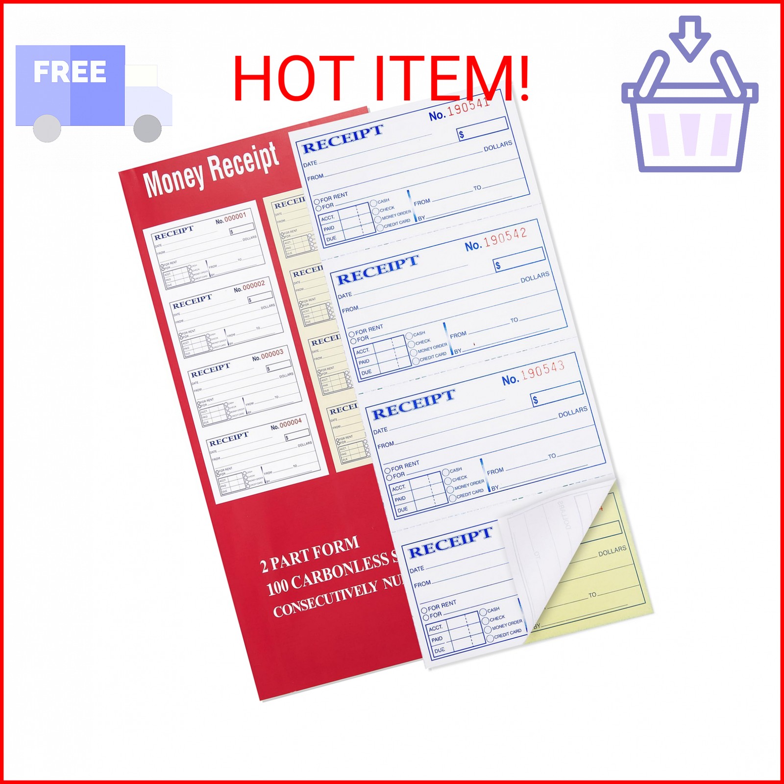 Receipt Book with Carbon Copies, 2-Part carbonless, 100 Sets per Book, 4 Receipt