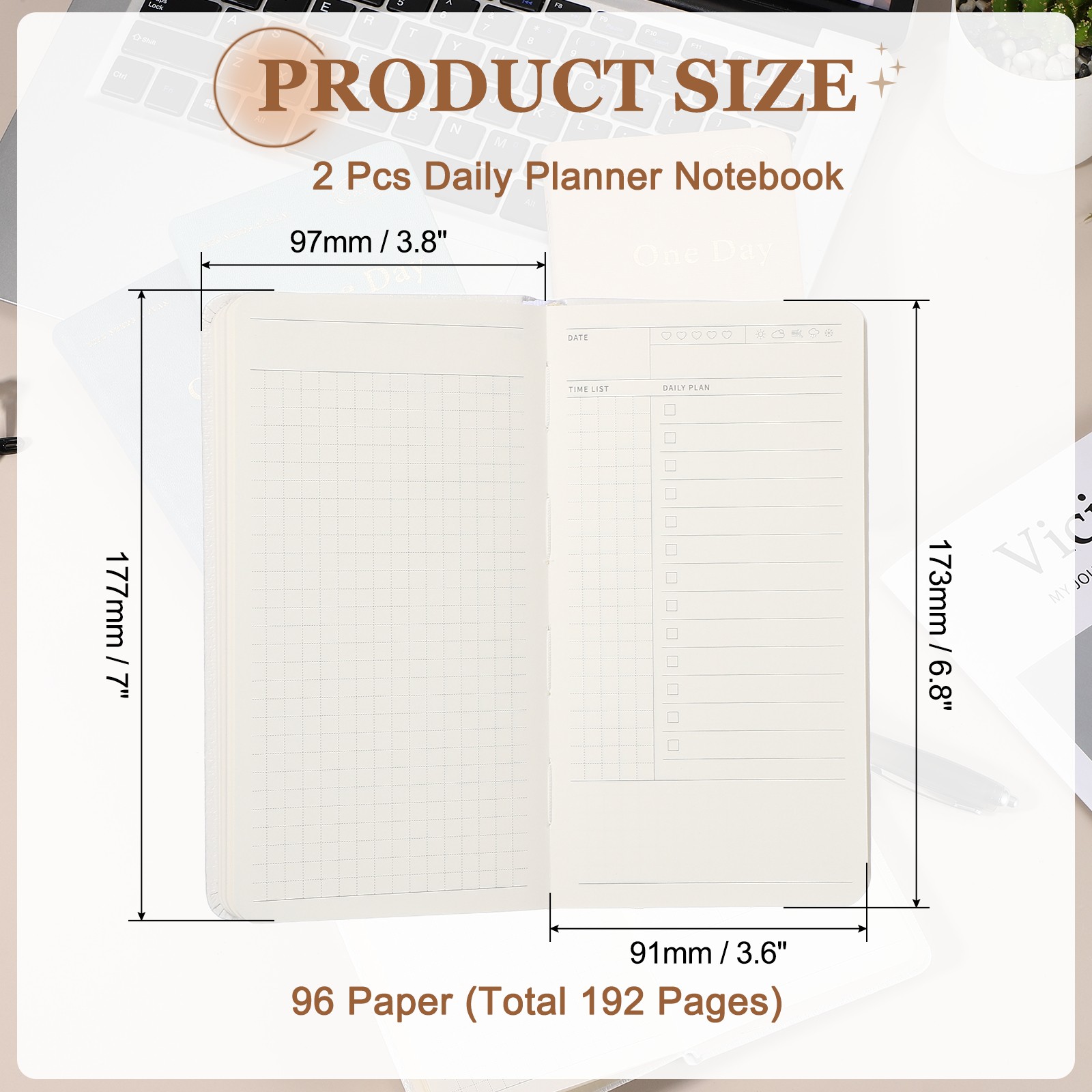 2Pcs Daily Planner Notebook, 7 x 3.8″ to Do Notebook, White