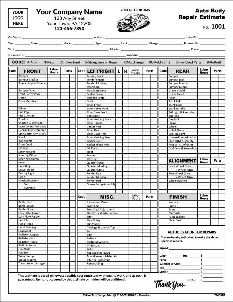 Custom Auto Body Repair Estimate Form / 8.5 x 11 / 2 or 3 Part / TMG187