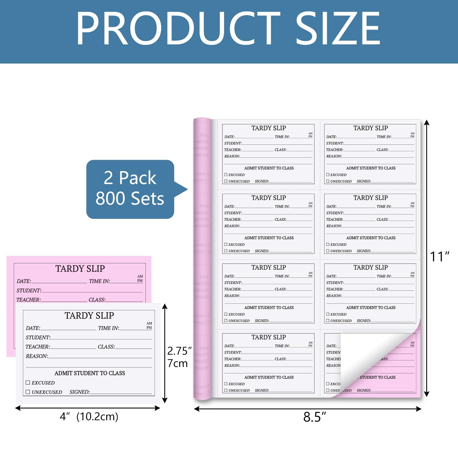 800 PCS 2 Part Carbonless Tardy Books Slip Passes School White Pink Perforated