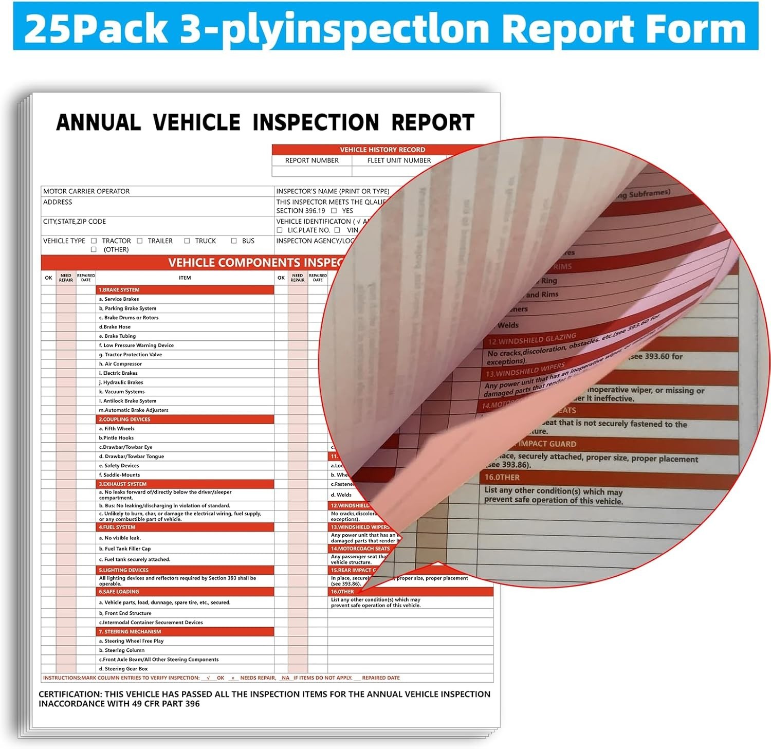 Annual Vehicle Inspection Report Form and Label, 25-Pack 3-Layer Vehicle Insp