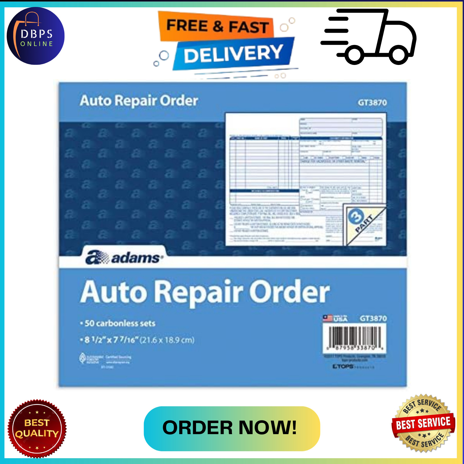 Adams Auto Repair Order Forms, 8.5 X 7.44, 3-Part, Carbonless, 50-Pack (GT3870)