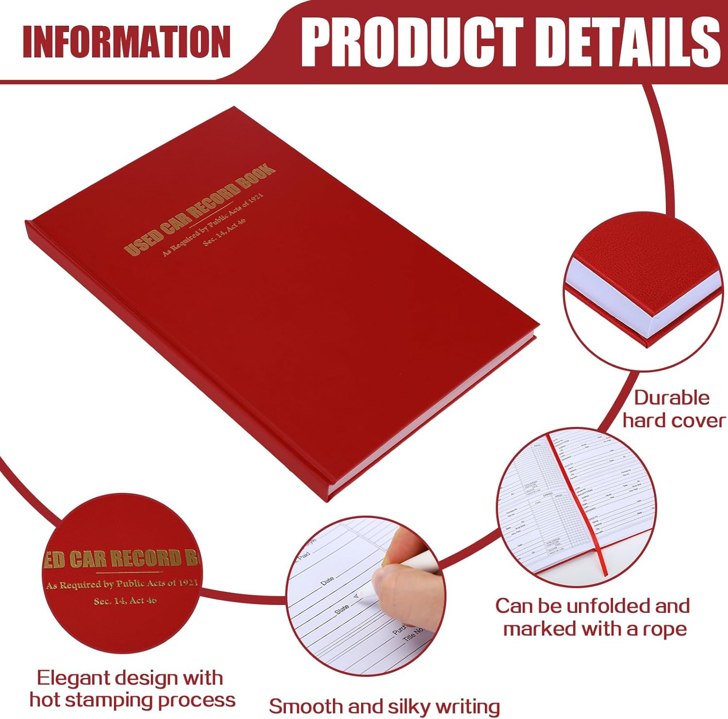 Used Car Red Record Book Police Book 8-3/4 Inch x 13-1/3 Inch Used Car Log fo…